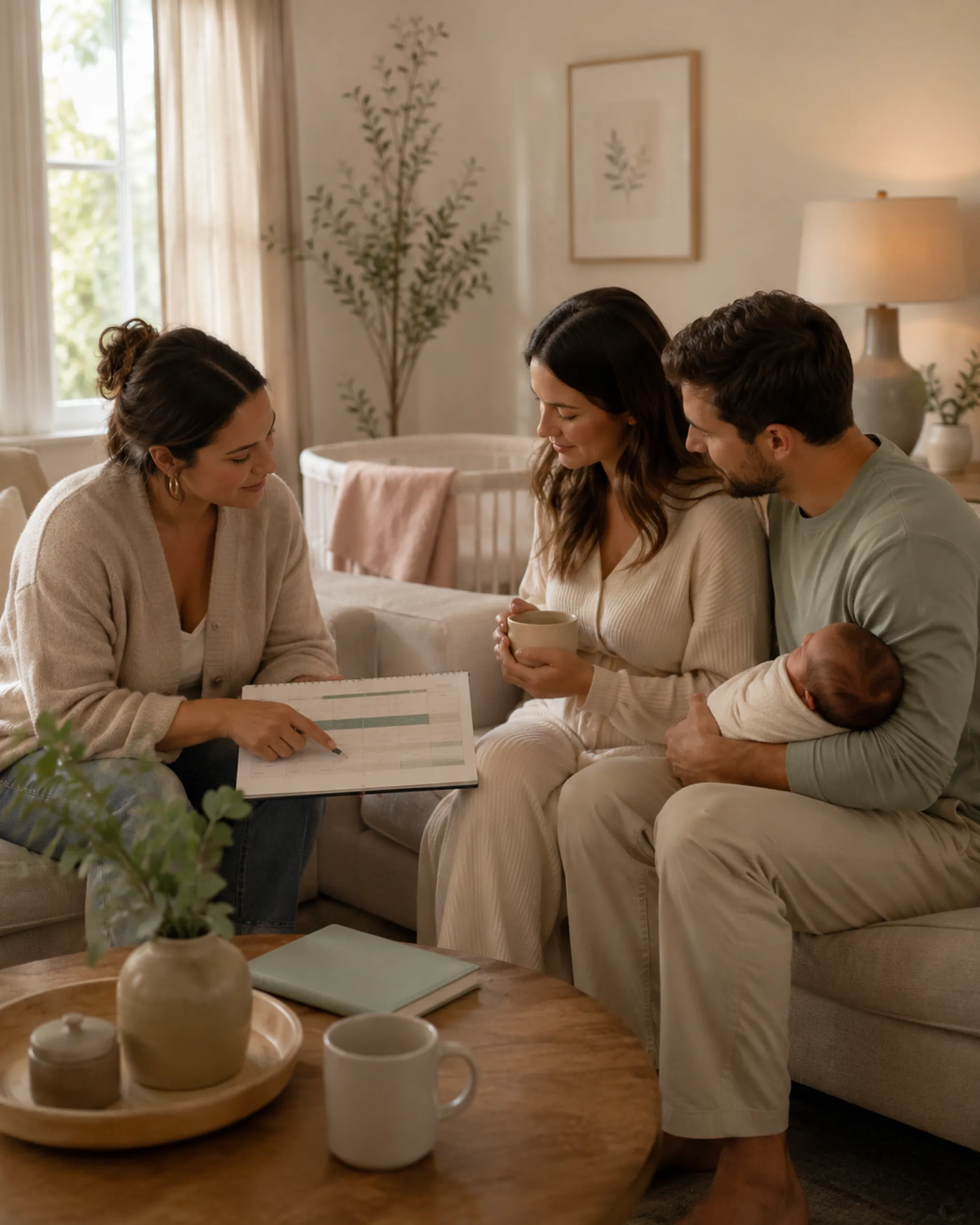 Postpartum support professional reviewing a care plan with new parents while the father holds their newborn.