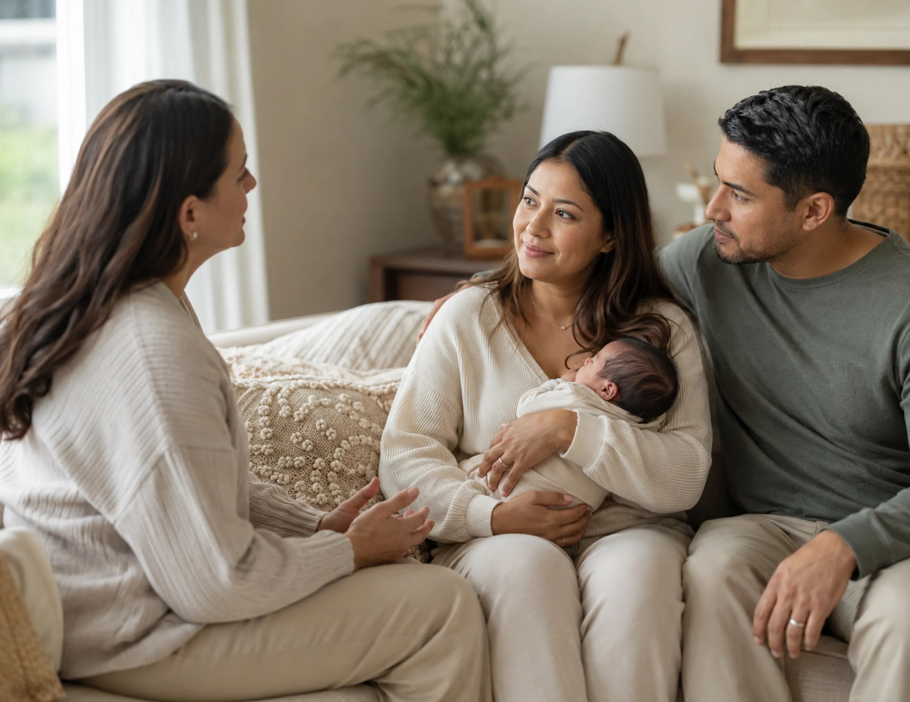 Postpartum support professional speaking with new parents while the mother holds their newborn.