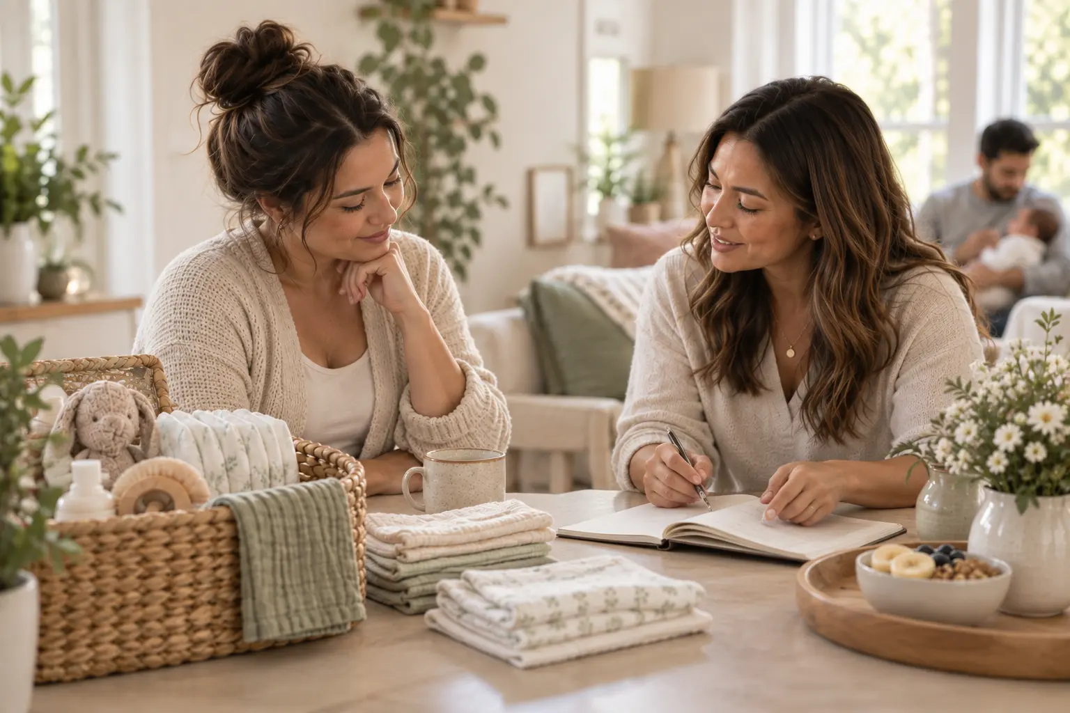 Two adults review a notebook at a table with newborn supplies while another adult holds a baby in the background.