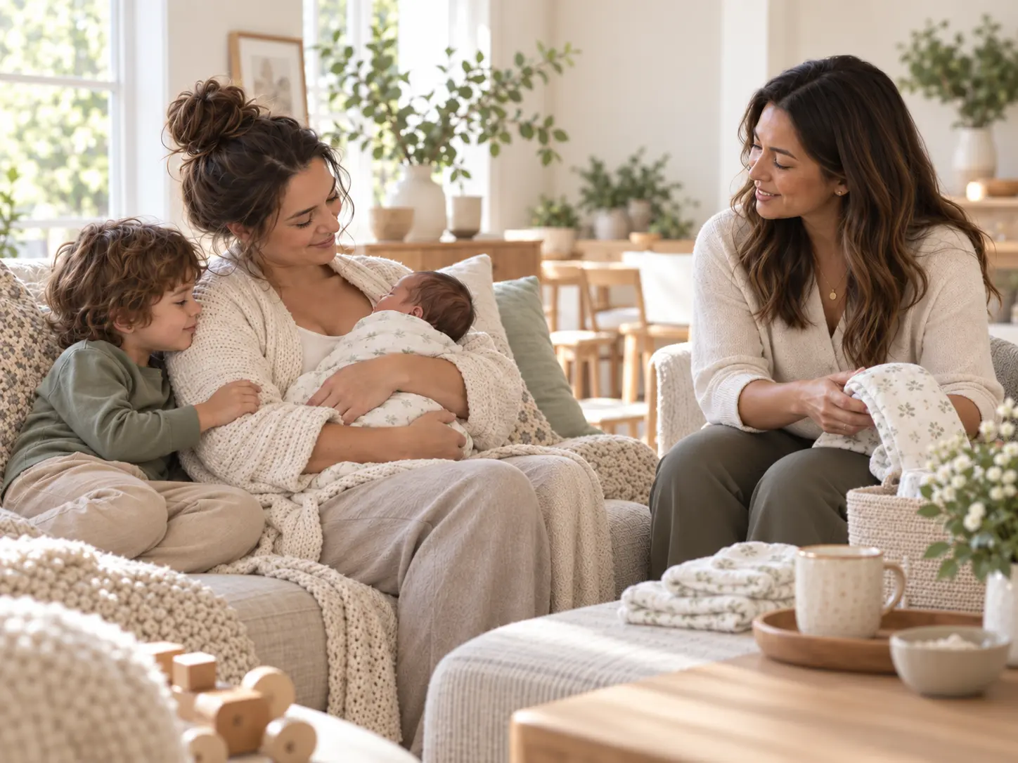 Postpartum care professional supporting a parent, newborn, and older child at home.