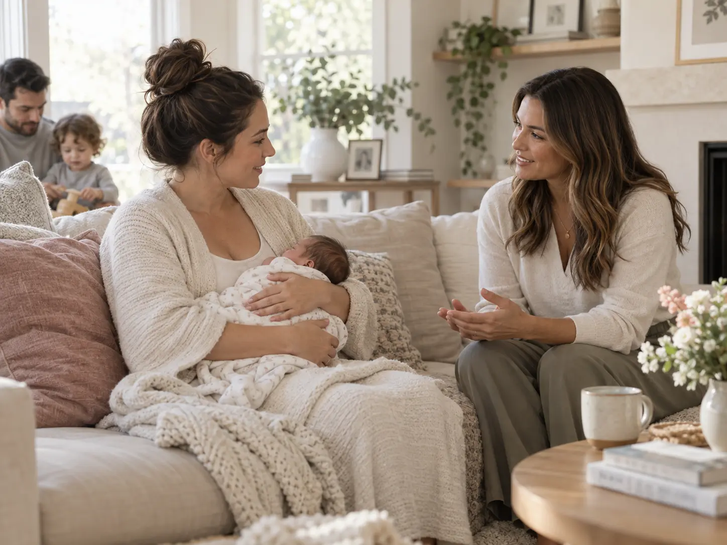Parent bottle-feeding a newborn while speaking with a postpartum support provider at home.