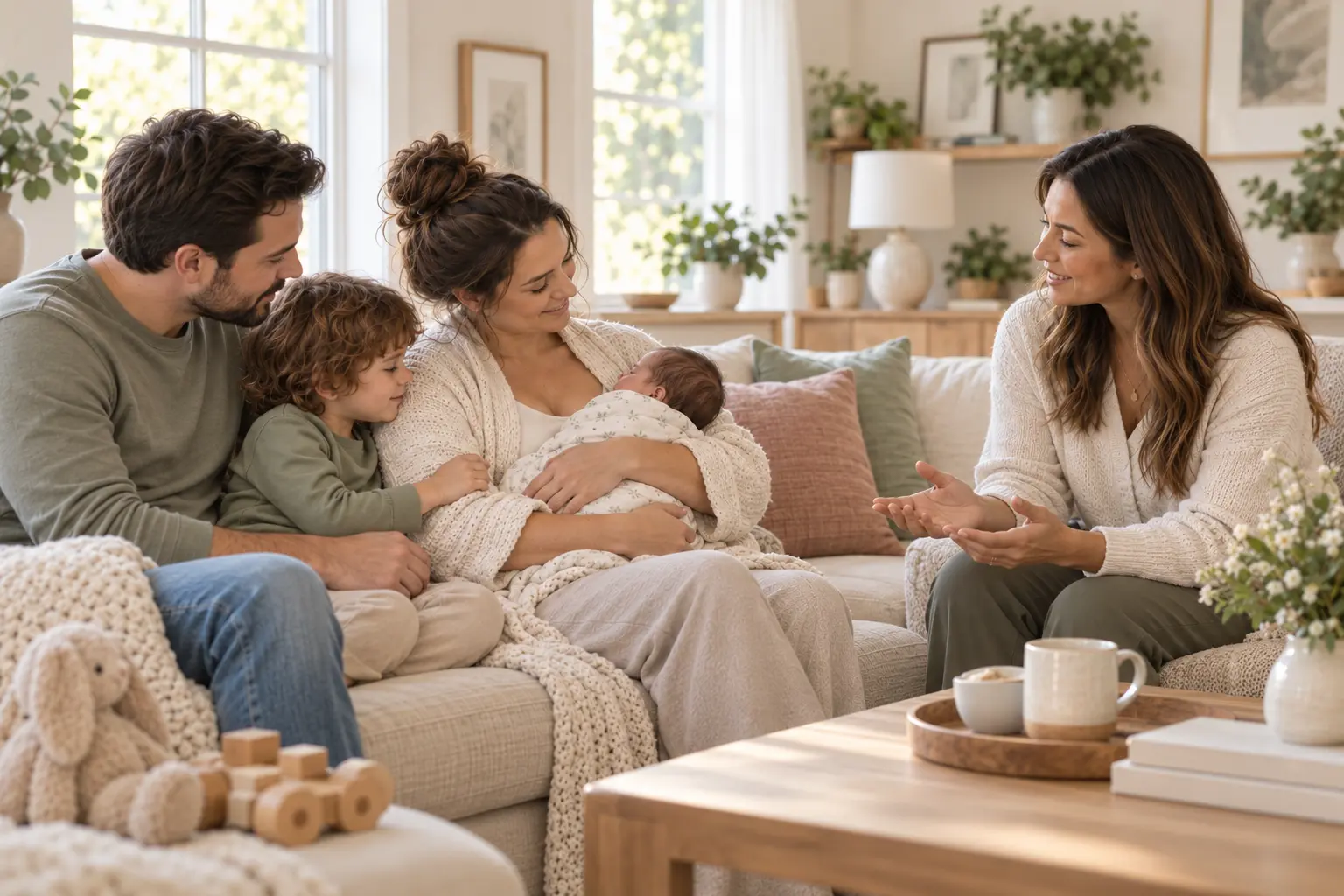 Parents caring for a newborn and older child at home while speaking with a postpartum support provider.