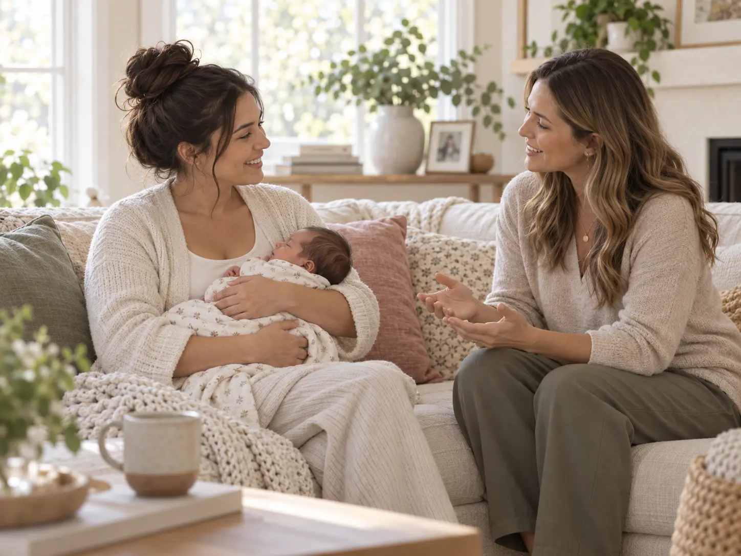 Postpartum support provider discussing care needs with a parent holding a newborn.