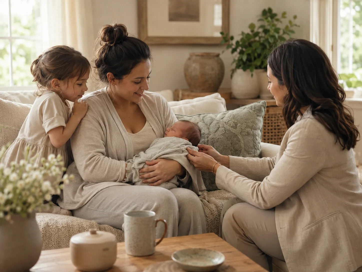 Family receiving daytime postpartum support while adjusting to life with a newborn.