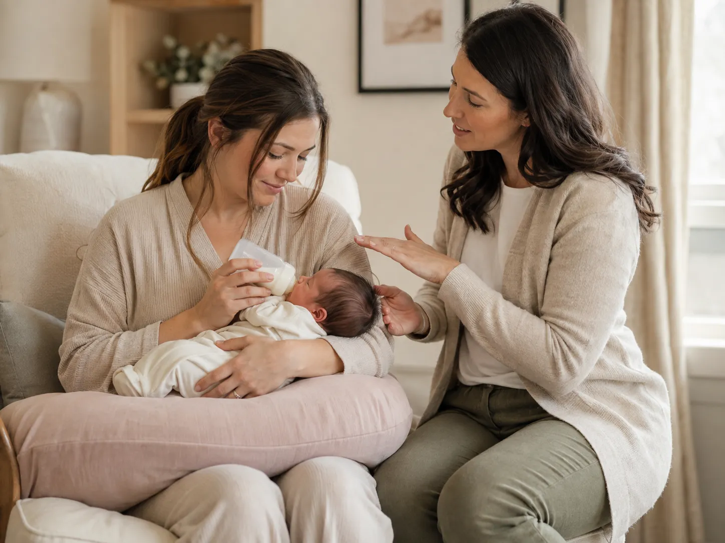 Feeding guidance and newborn support during a daytime postpartum visit.