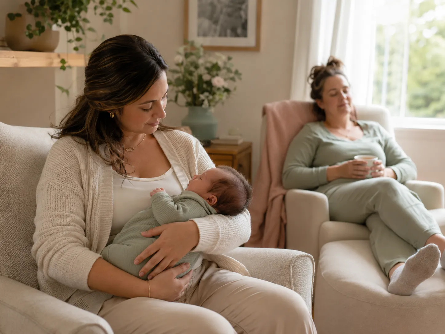 Recovering parent resting while newborn support is provided nearby during a daytime visit.