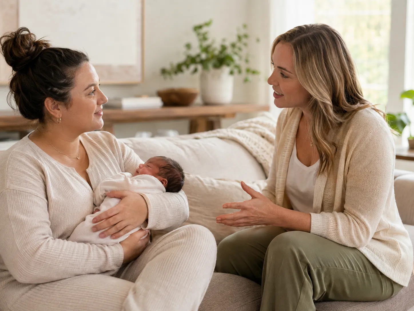 Postpartum care professional talking with a parent holding their newborn at home.