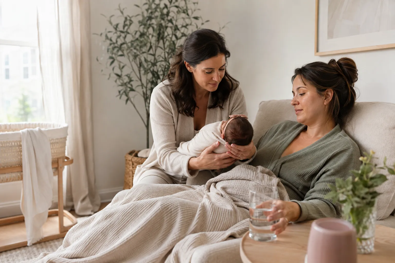 Postpartum support provider and parent with newborn in a calm daylight nursery.