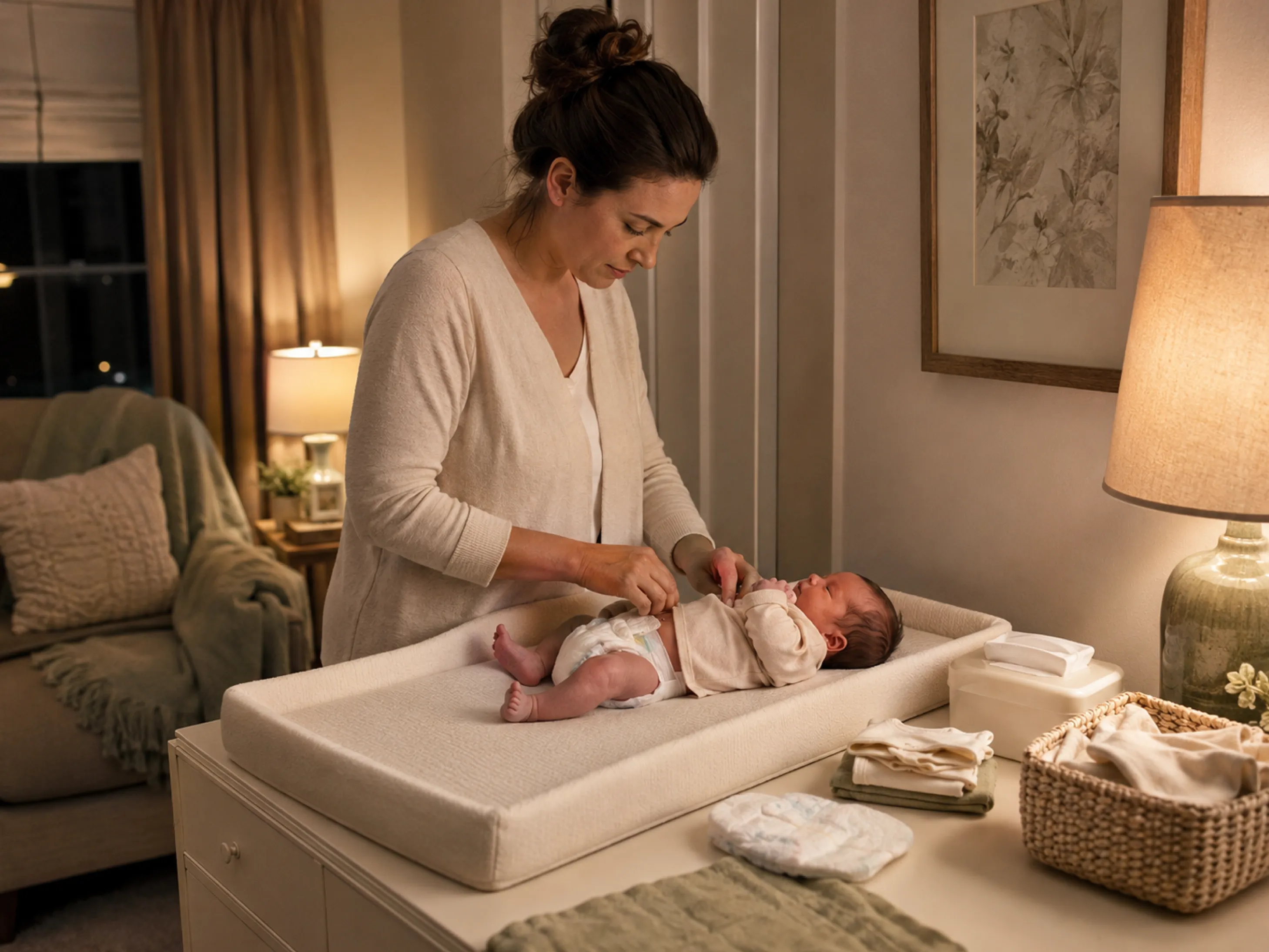 Professional newborn-care provider completing an attentive nighttime diaper change in a family's home.