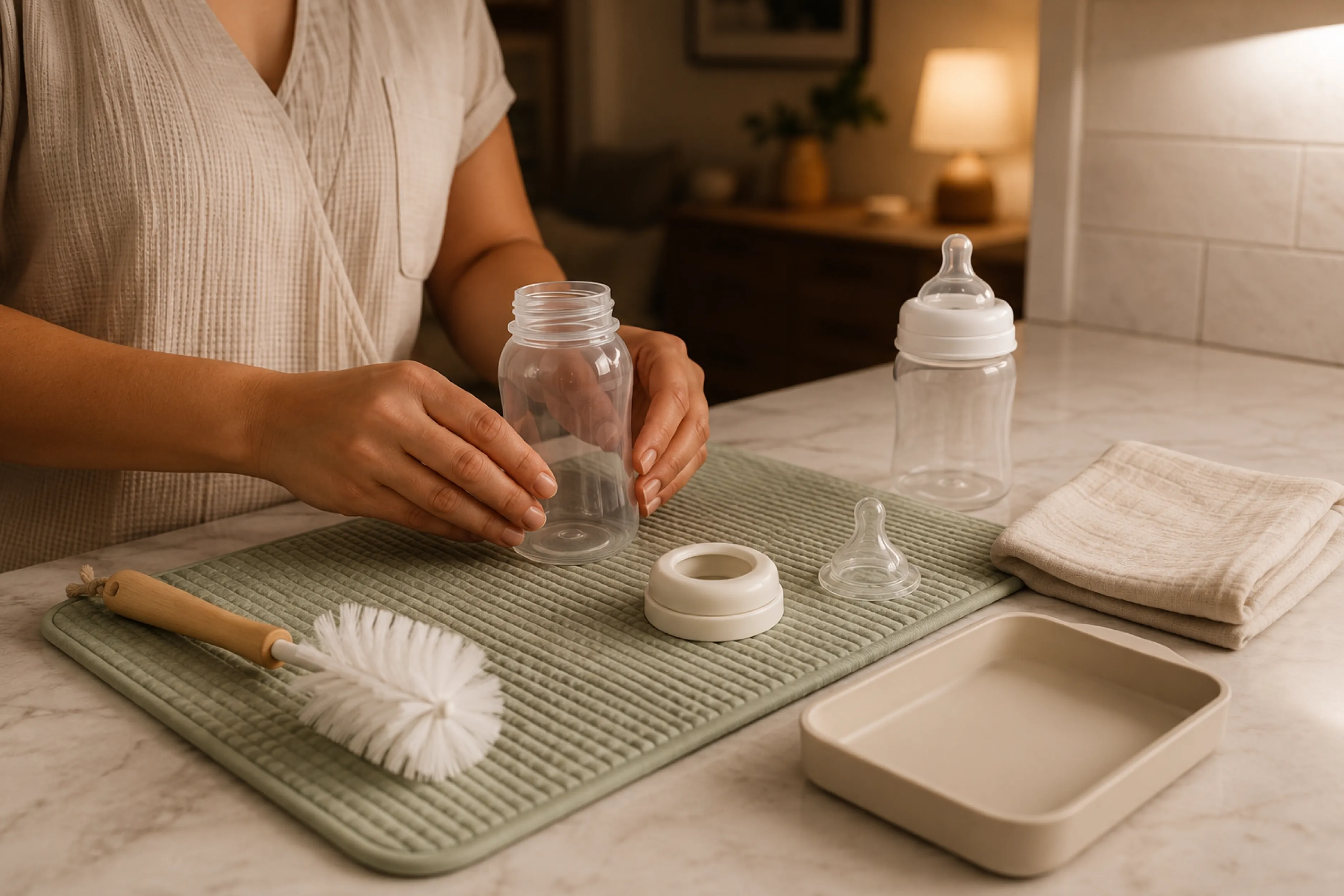 Professional organizing clean empty baby bottles and feeding supplies during an overnight newborn-care visit.