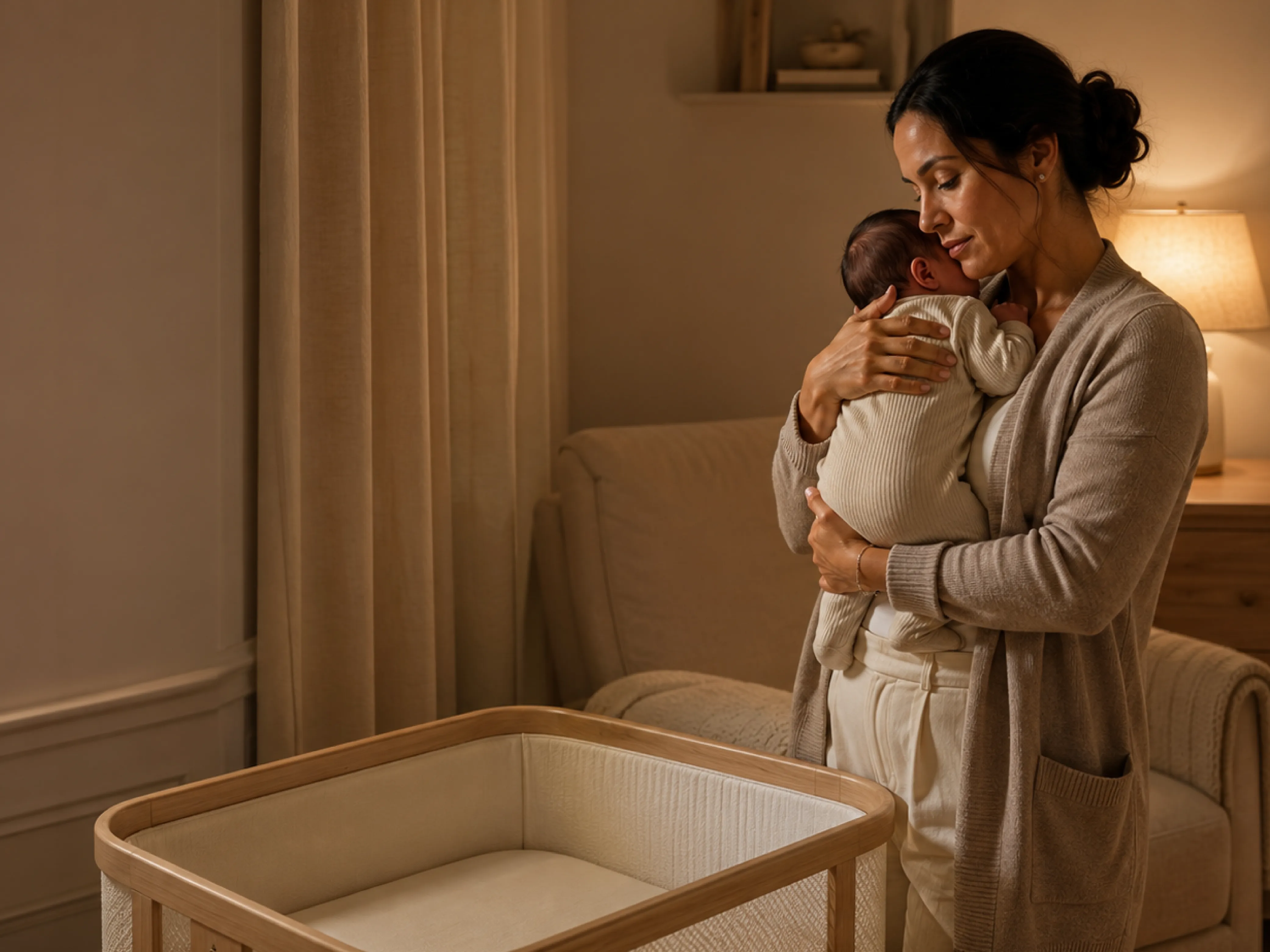 Professional overnight newborn-care provider holding a newborn beside an empty bassinet in a softly lit nursery.