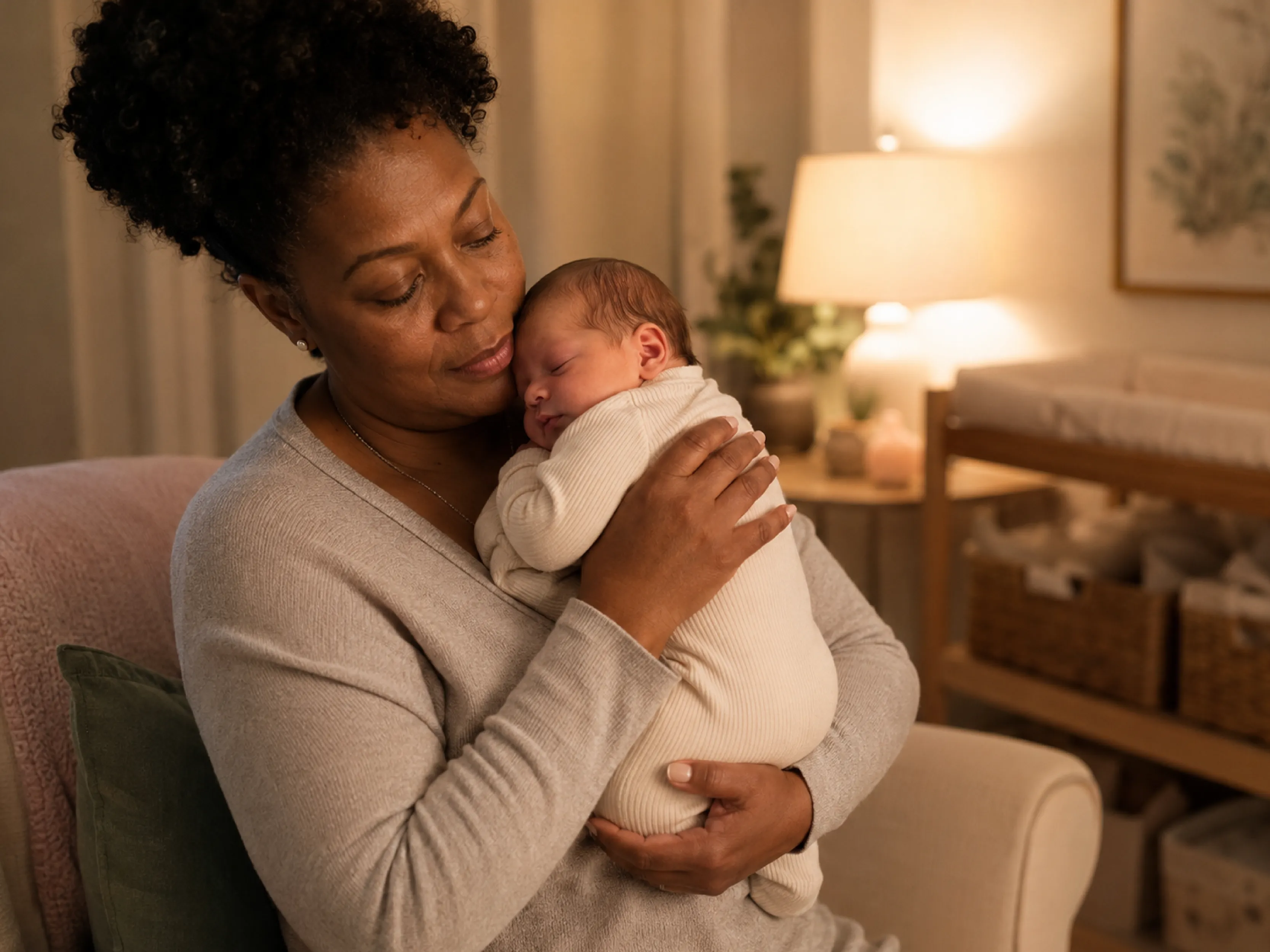 Experienced newborn-care professional gently soothing a sleeping newborn during an overnight visit.
