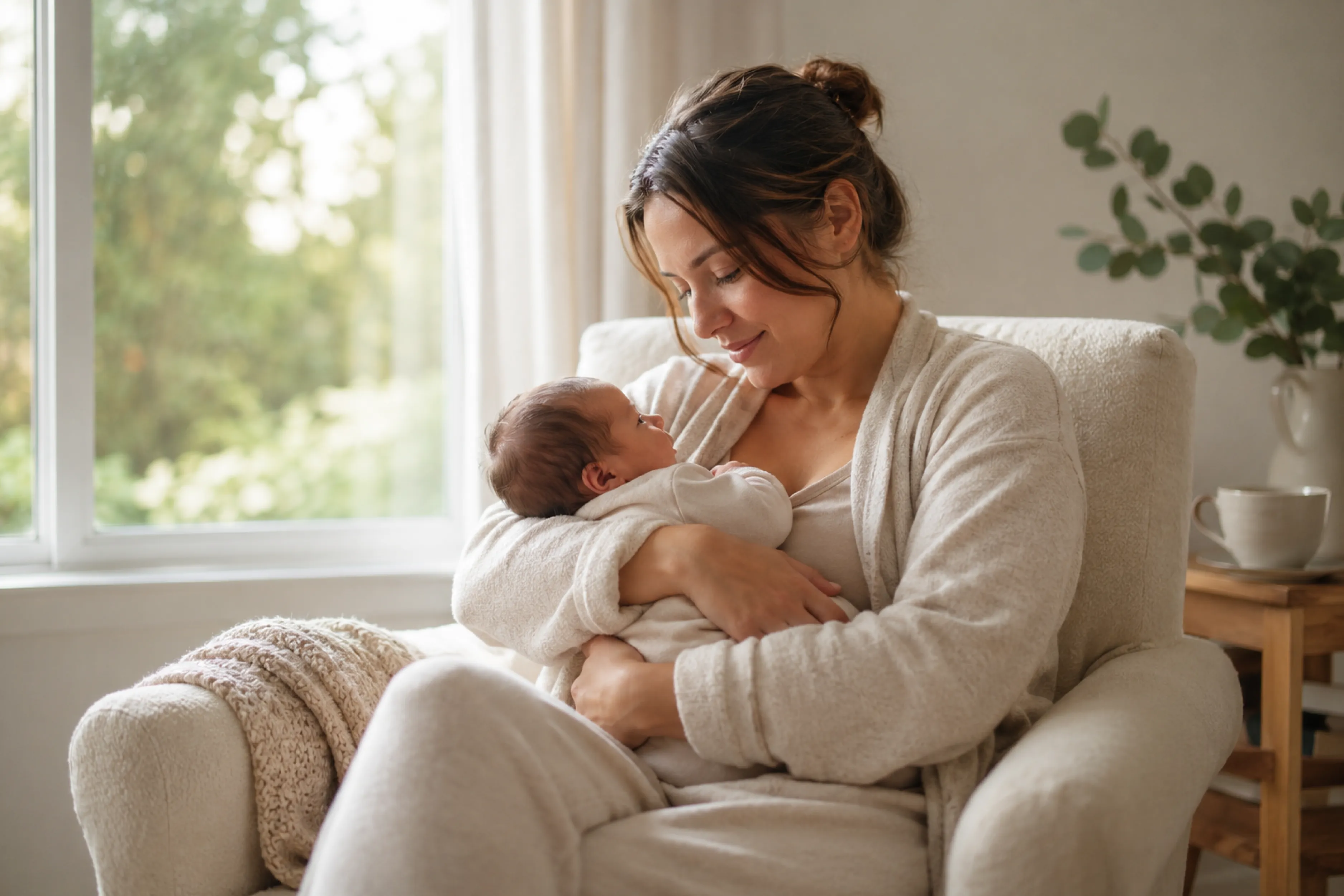 Parent calmly holding and reconnecting with their newborn in soft morning window light.