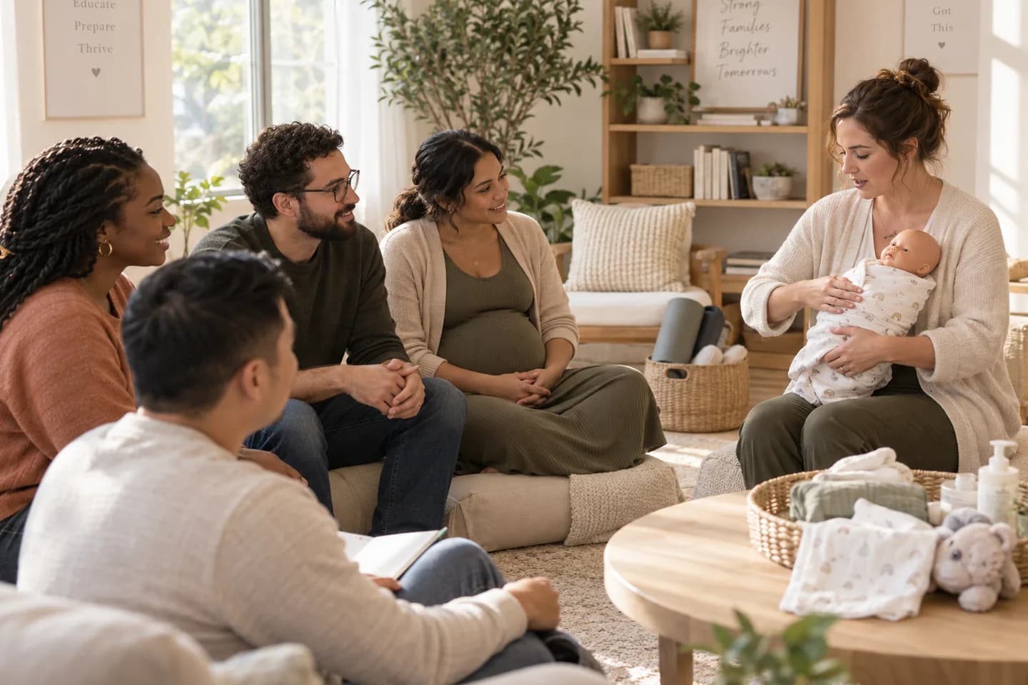 Expecting parents watching a newborn-care demonstration during a small group class.