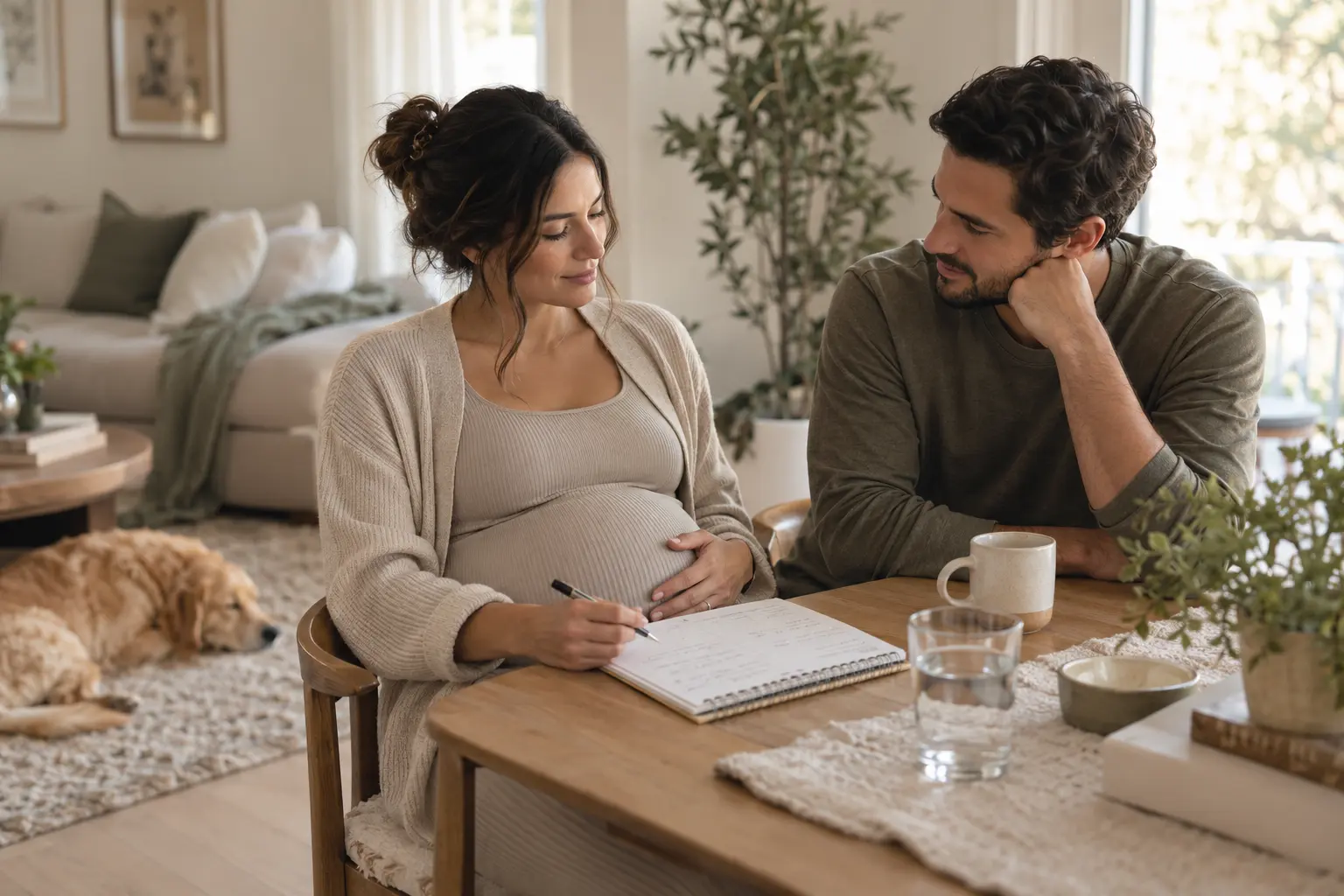 Expecting parents talking together at home while planning for the postpartum weeks.