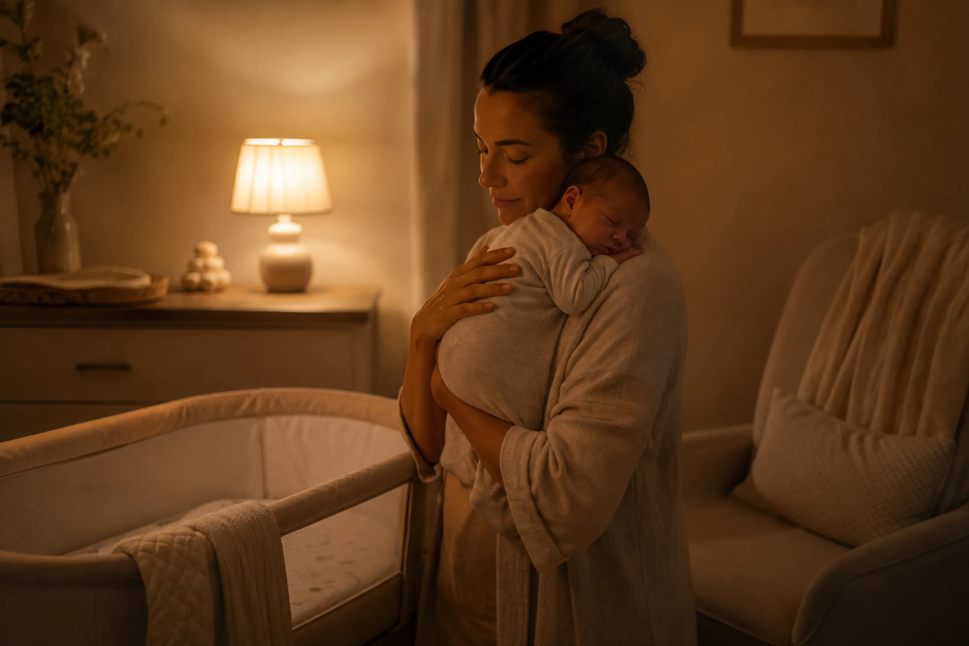 Postpartum care professional holding a sleeping newborn beside a bassinet in a softly lit nursery at night.